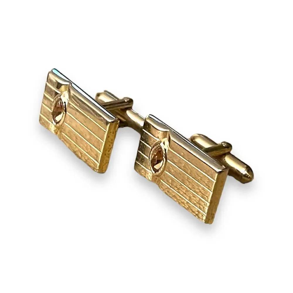 Vintage Cufflinks Mens Gold Tone Orange Marquise Glass Jewels Art Deco Formal